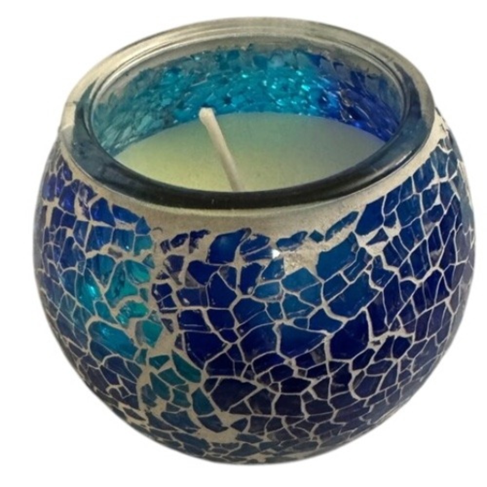 Mosaic Candle Holder Teal Blue Glass w/‎ Soft Vanilla Organic Soy Wax Candle
